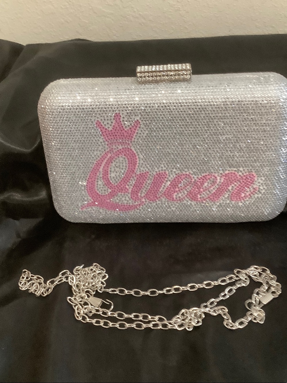 Sparkling "Queen" Rhinestone Clutch with Chain
